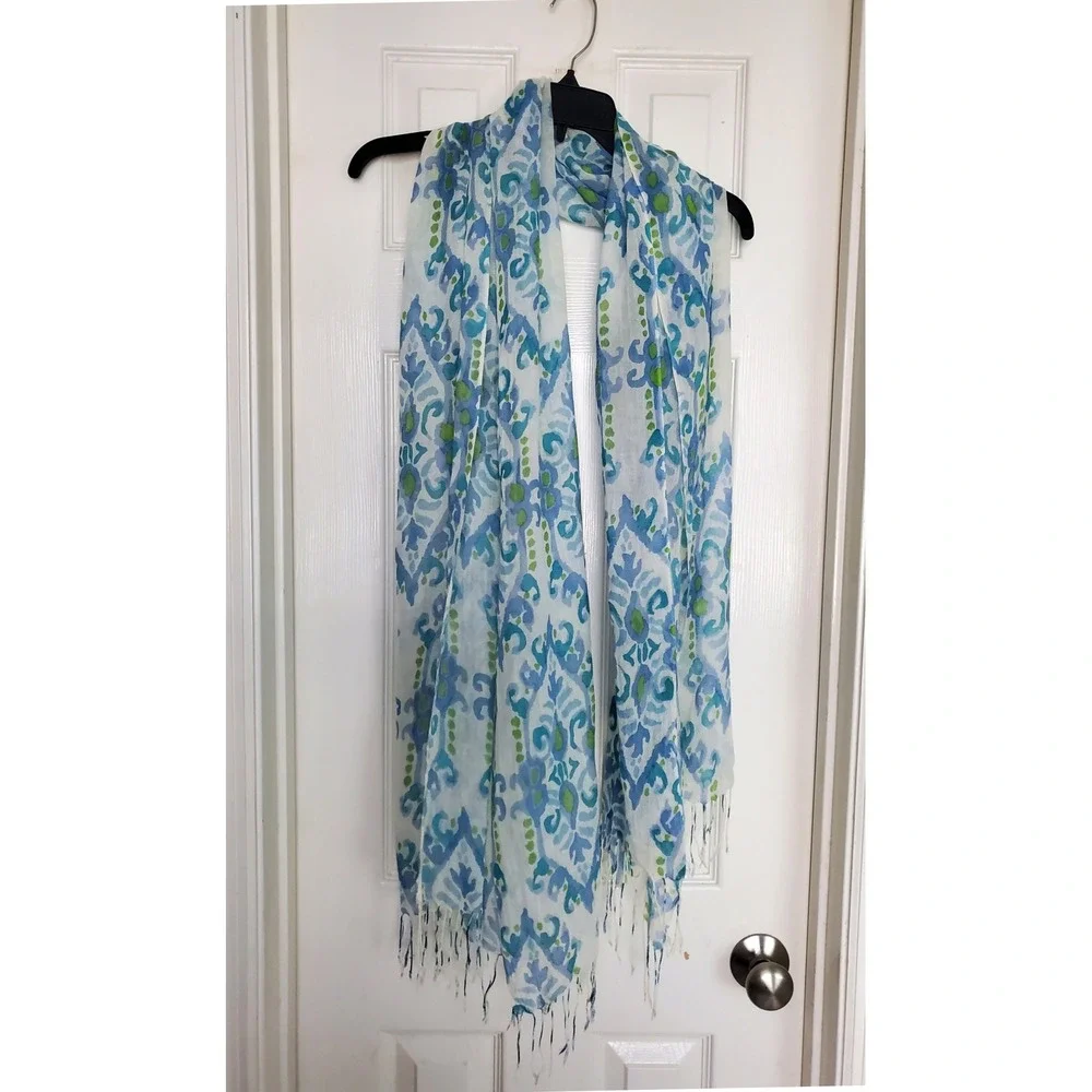Lightweight Scarf Blue Green White Paisley Fringed Wool Modal Blend Boho Wrap OS